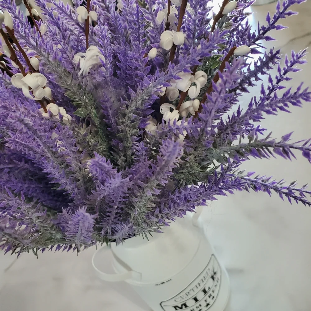 Lavender Artificial Flowers in Milk Jug Metal Vase